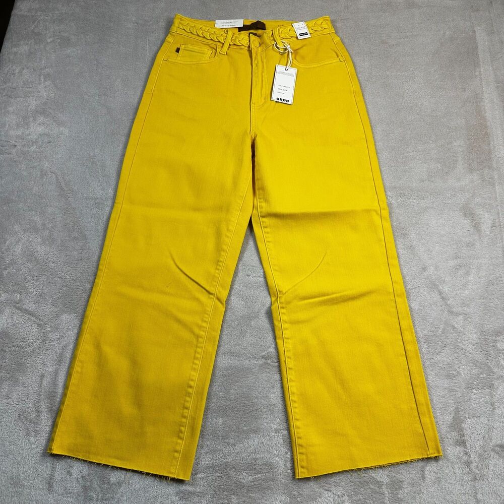 NWT Judy Blue Mustard Yellow Cropped Wide Leg Jeans w/Raw Hem- Braided Belt 7/28